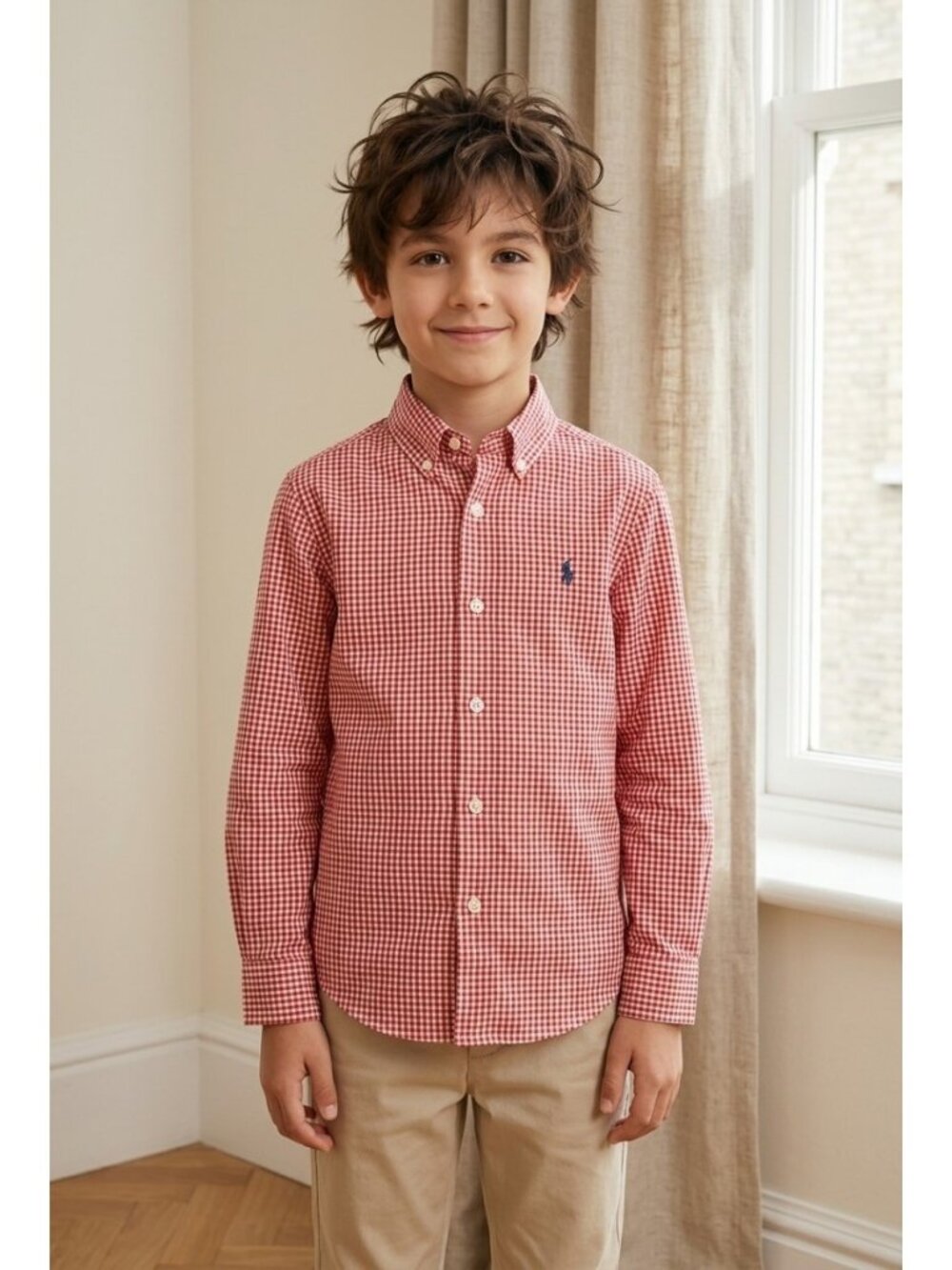 Ralph Lauren Boys' Red and White Gingham Long Sleeve Button Down Shirt